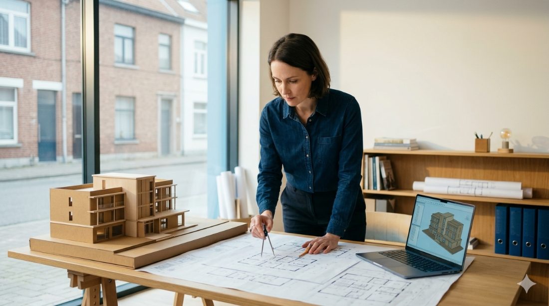Architekten & Freie Berufe – Architektin am Zeichentisch mit Plänen und Modell