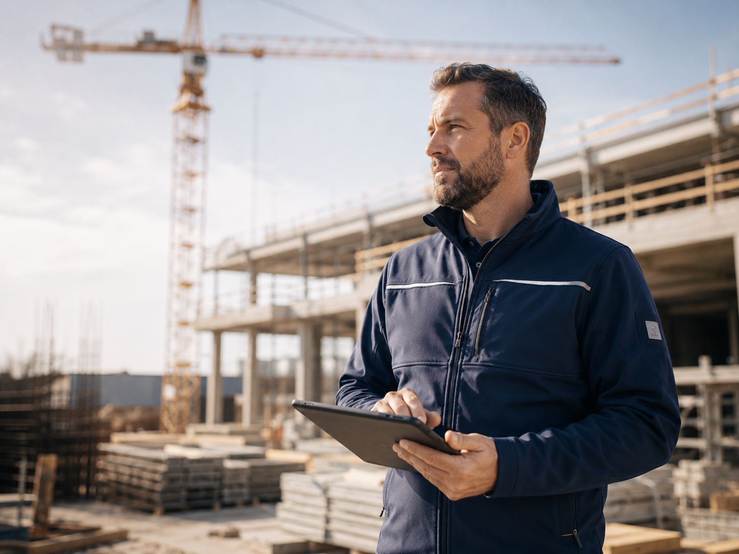 Bau & Handwerk – Bauleiter mit Tablet auf der Baustelle