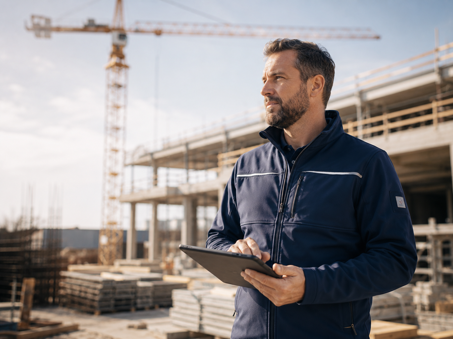 Bau & Handwerk – Bauleiter mit Tablet auf der Baustelle