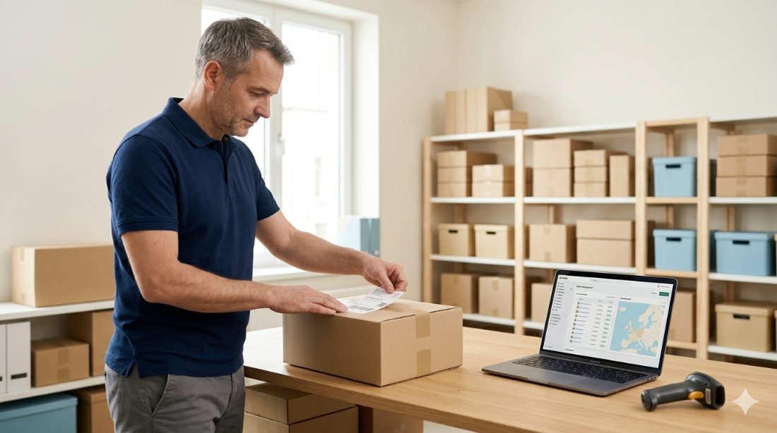 Onlinehandel – Versandlager mit Paketen und Laptop